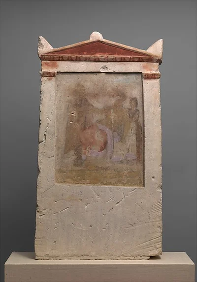 Painted limestone funerary stele with a woman in childbirth by Unknown Artist