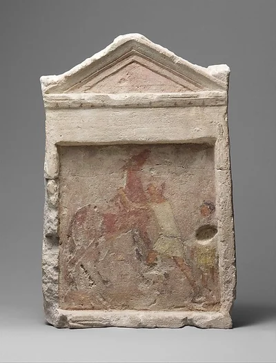 Painted limestone funerary slab with a man controlling a rearing horse by Unknown Artist