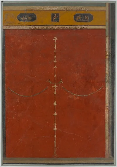Wall painting on red ground: candelabrum with frieze, from the imperial villa at Boscotrecase by Unknown Artist
