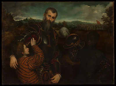 Portrait of a Man in Armor with Two Pages by Paris Bordon