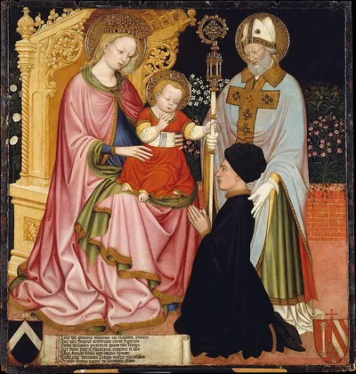 Madonna and Child with the Donor, Pietro de' Lardi, Presented by Saint Nicholas by Master G.Z. (possibly Michele dai Carri, Italian, Ferrara, active by 1405–died 1441 Ferrara)