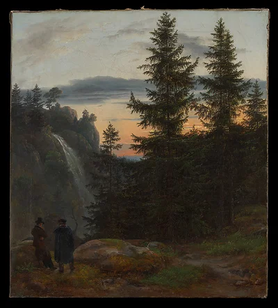 Two Men before a Waterfall at Sunset by Johan Christian Dahl