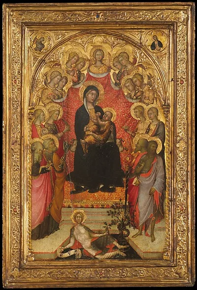 Madonna and Child Enthroned with Saint John the Evangelist, Saint Peter, Saint Agnes, Saint Catherine of Alexandria, Saint Lucy, an Unidentified Female Saint, Saint Paul, and Saint John the Baptist, with Eve and the Serpent; the Annunciation by Paolo di Giovanni Fei