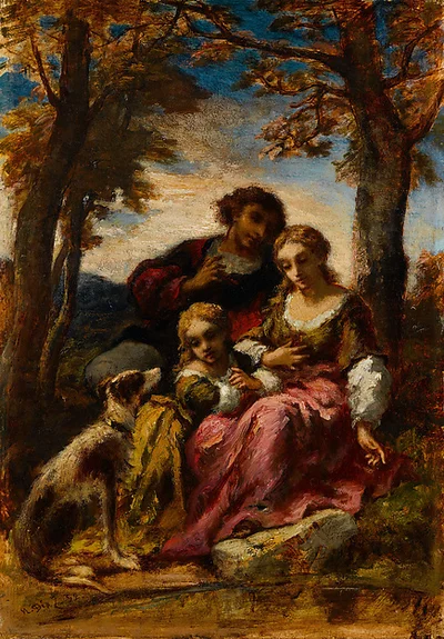 Figures and a Dog in a Landscape by Narcisse-Virgile Diaz de la Peña