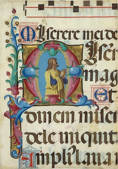 Manuscript Illumination with David in Prayer in an Initial M, from a Psalter by Girolamo dai Libri