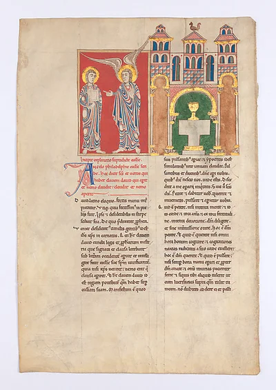 Leaf from a Beatus Manuscript: the Angel of the Church of Philadelphia with Saint John by Unknown Artist
