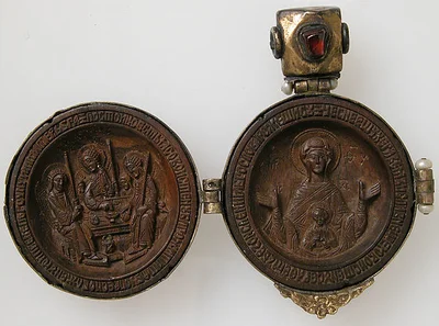 Panagiarion with the Virgin and Child and the Three Angels at Mamre (interior) and the Crucifixion and Three Church Fathers (exterior) by Unknown Artist