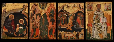 Four Icons from a Pair of Doors (Panels), possibly part of a Polyptych: John the Theologian and Prochoros, the Baptism (Epiphany), Harrowing of Hell (Anastasis), and Saint Nicholas by Unknown Artist