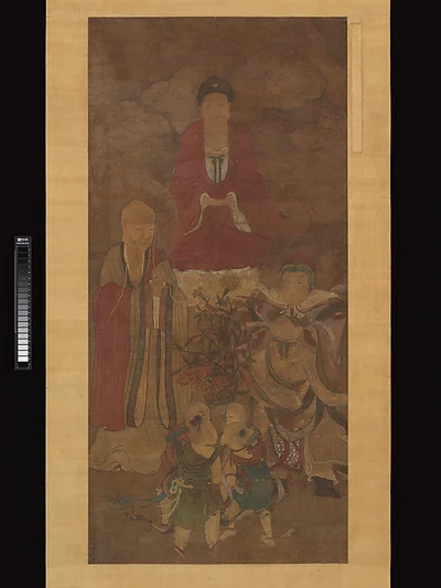Shakyamuni with luohan, heavenly king, and boys by Unidentified artist