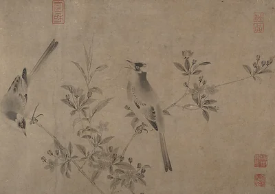 Chinese bulbuls on flowering crab apple by Unidentified artist