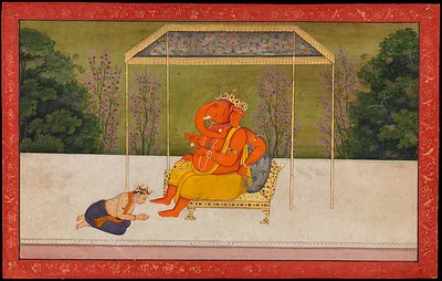 The God Indra Worships Ganesha, folio from the Tehri Garhwal series of the Gita Govinda by Unknown Artist