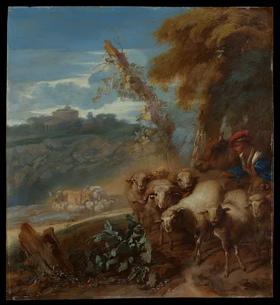 Roman Landscape with a Shepherd and Sheep by Giovanni Benedetto Castiglione (Il Grechetto)