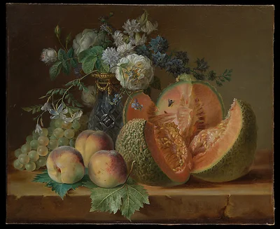 Still Life with a Vase of Flowers, Melon, Peaches, and Grapes by Charlotte Eustache Sophie de Fuligny Damas, marquise de Grollier