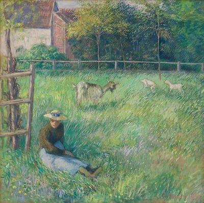 Seated Peasant Woman with Goats by Camille Pissarro